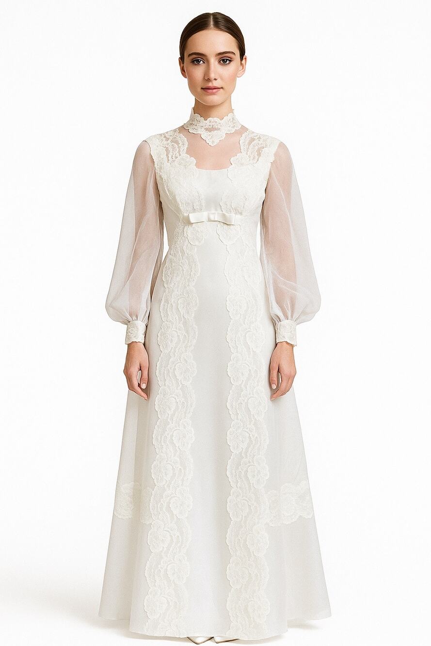 Vintage 1970s Sheer Lace High Neck Bridal Wedding Gown with Bow Detail 
 XS